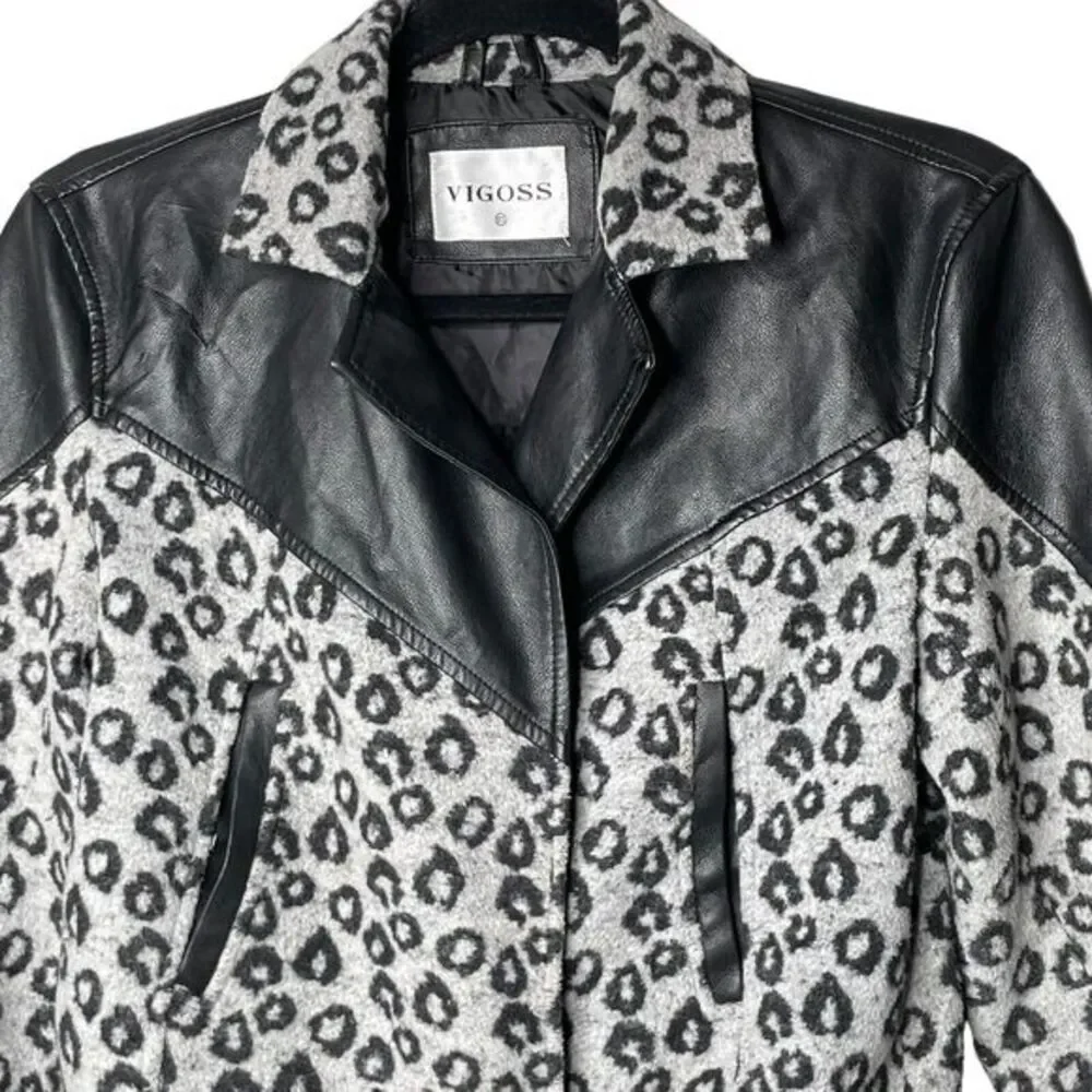 VIGOSS Black Leopard Print Moto Jacket Faux Leather‎ Combo Women's XS